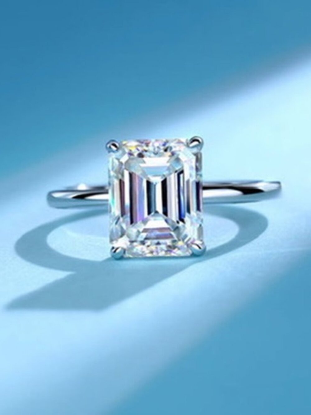 Womens Emerald Cut Moissanite Ring Silver GRA Certified Passes Tester VVS1